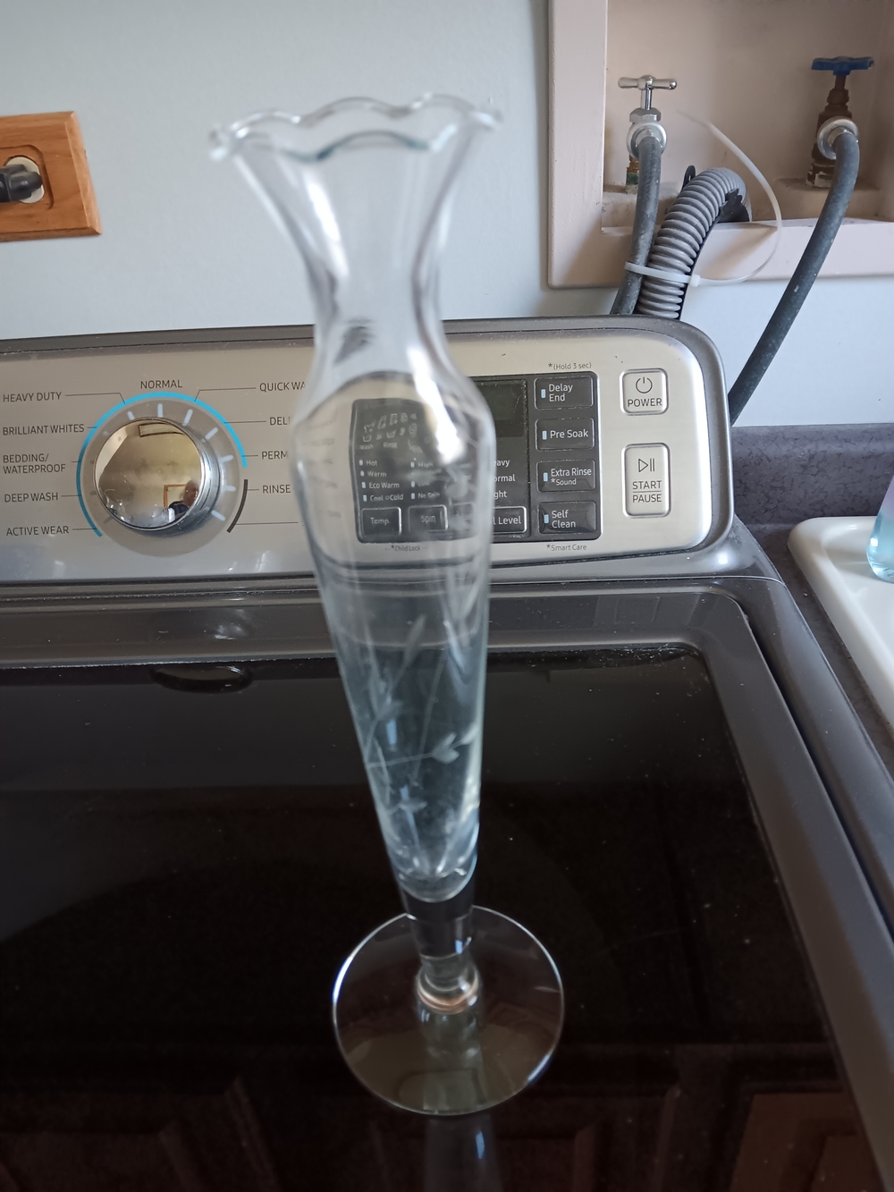 Unk Clear Glass Etched Bud Vase
